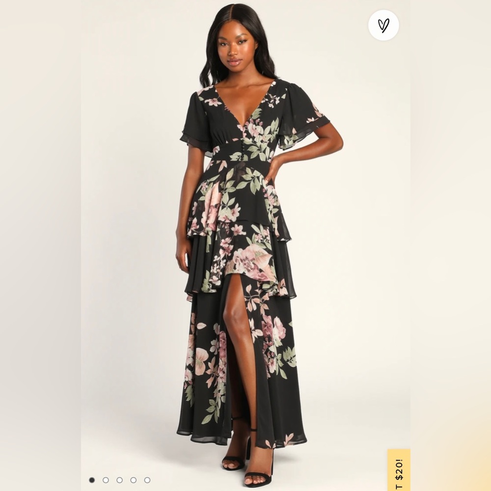 Midnight Mood Black Floral Print Tiered Maxi Dress